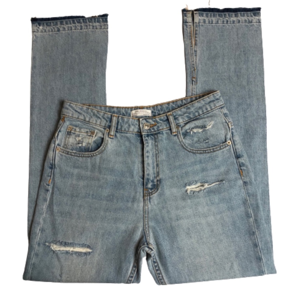 Zara High Waist Split Released Hem Light Jeans